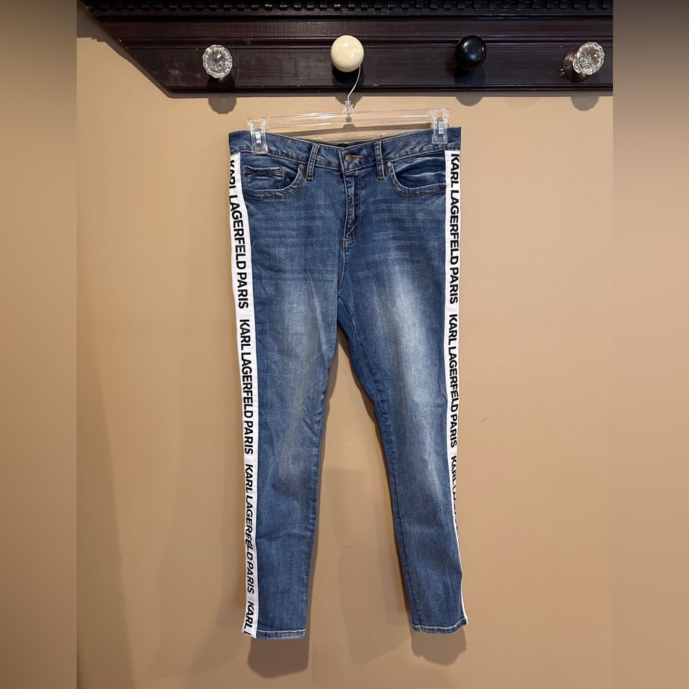 Karl Lagerfeld Blue Jeans with White tuxedo Side Stripe